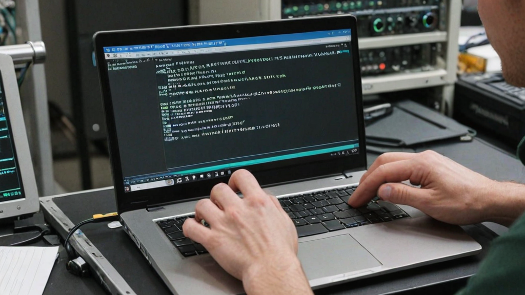 Hands typing on a laptop showing deploy output, equipment rack visible behind